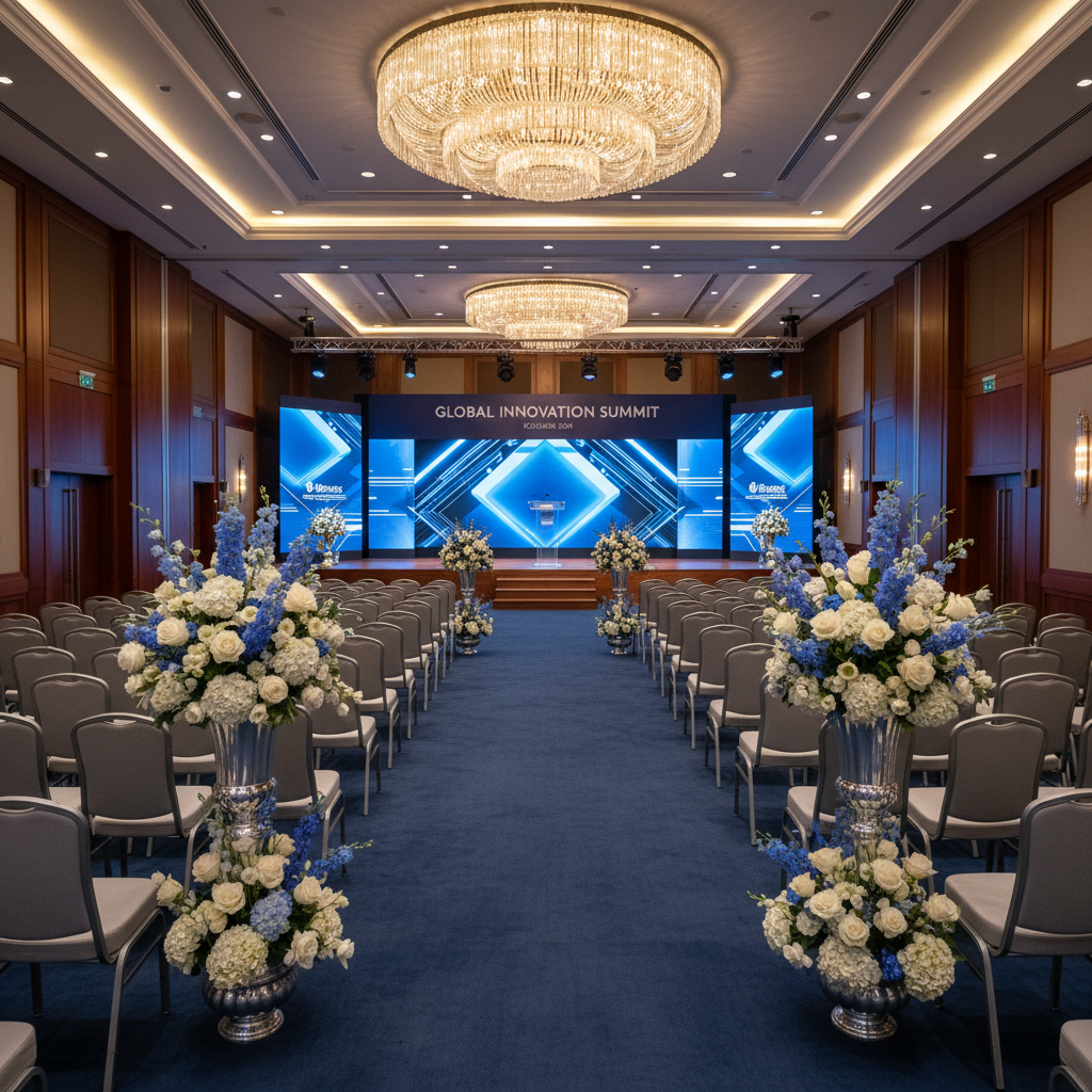 Salón de congresos de lujo en Colombia con decoración floral
